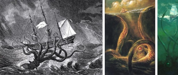 La légende du Kraken a alimenté l'imaginaire des marins et des artistes depuis des siècles : à fauche, une gravure réalisée par l'artiste anglais Edward Etherington pour l'ouvrage Monsters of the Sea (1887) de John Gibson ; au centre et à droite, des visions artistiques plus récentes (mais dont les noms des auteurs et les dates sont introuvables...) souvent utilisées sur internet pour illustrer des articles traitant du monstre marin.