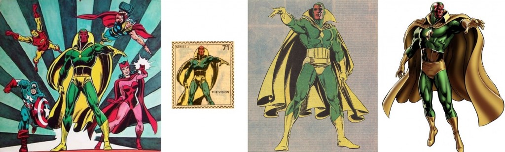 Une pin-up signée John Buscema (à gauche), un timbre à collectionner de 1974 (au centre) et, plus récent, une image de présentation de la Vision pour le jeu Marvel: Avengers Alliance (à droite). 